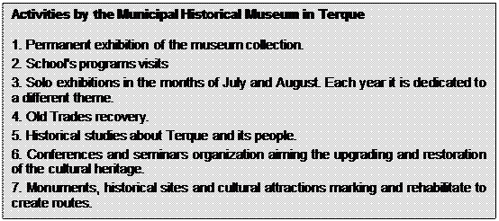 Text Box: Activities by the Municipal Historical Museum in Terque

1. Permanent exhibition of the museum collection.
2. School's programs visits
3. Solo exhibitions in the months of July and August. Each year it is dedicated to a different theme.
4. Old Trades recovery.
5. Historical studies about Terque and its people.
6. Conferences and seminars organization aiming the upgrading and restoration of the cultural heritage.
7. Monuments, historical sites and cultural attractions marking and rehabilitate to create routes.
